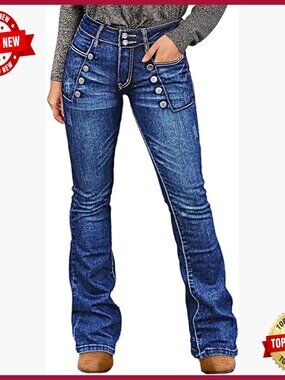 Bootcut Mid Waist Stretch Denim Jeans with Sailor Buttons Patch Pocket